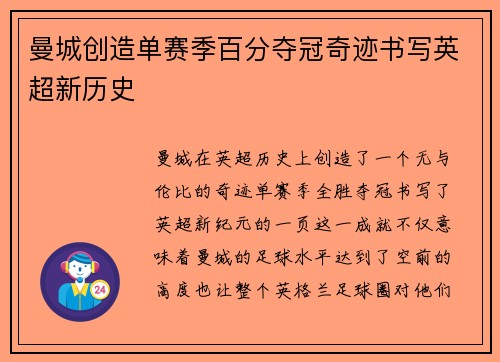 曼城创造单赛季百分夺冠奇迹书写英超新历史