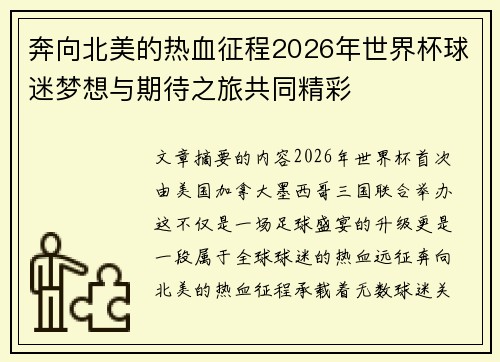奔向北美的热血征程2026年世界杯球迷梦想与期待之旅共同精彩