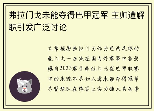 弗拉门戈未能夺得巴甲冠军 主帅遭解职引发广泛讨论